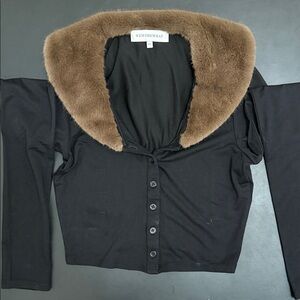 WeWoreWhat Black Cardigan with Brown Faux Fur Collar